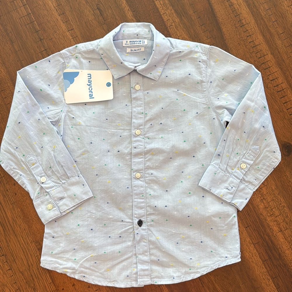 New Mayoral Boys Blue Button Down Shirt with Dots